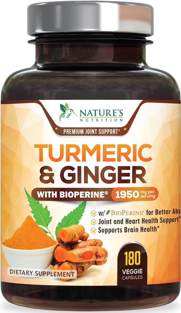 Turmeric Curcumin Supplement 1950mg - 95% Κουρκουμινοειδή με οργανική Turmeric & Ginger, BioPerine Μαύρο Πιπέρι για την καλύτερη απορρόφηση, Vegan Κοινή Υποστήριξη της Φύσης, Μη ΓΤΟ, Εμφιαλωμένο στις ΗΠΑ - 180 Κάψουλες