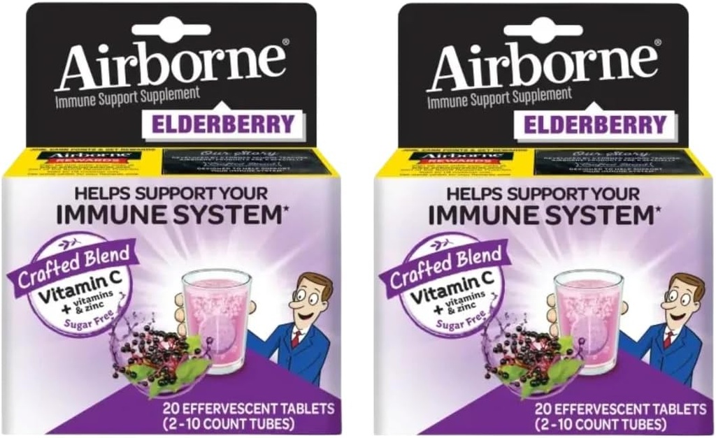 Earderberry Extract + Βιταμίνη C 1000mg (ανά υπηρεσία) - Airborne Αναβράζοντα Δισκία (20ct), Συμπλήρωμα Ανοσολογικής Υποστήριξης Χωρίς Γλουτένη, με Βιταμίνες A C E, ZINC & Σελήνιο, Χωρίς Ζάχαρη (πακέτο του 2)