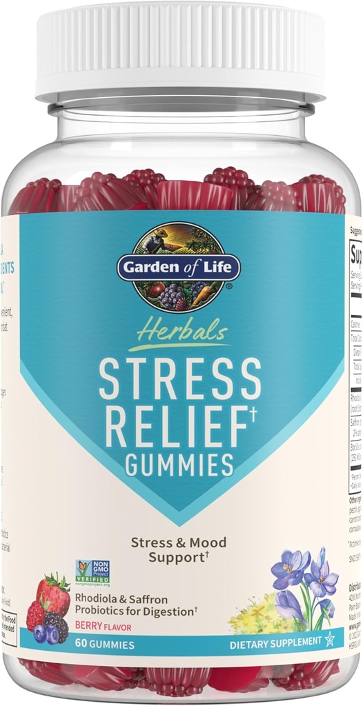 Garden of Life Herbals Stress Relief Gummy with Rhodiola & Saffron for Positive Mood & Stress Response Plus Prebiotics & Probiotics for Digestive Support – Non-GMO, Gluten-Free, Kosher, 30 Servings