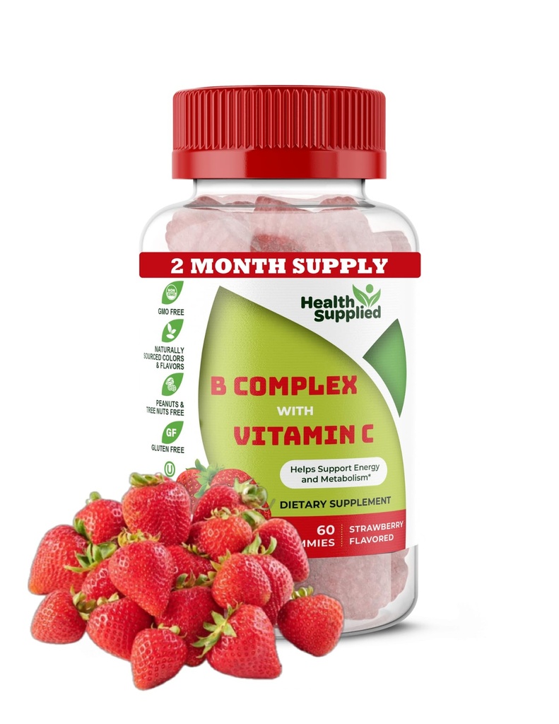 Φράουλα Γεύση Βιταμίνη Β Σύμπλεγμα Gummies - B Complex with Vitamin C - Υποστηρίζει το νευρικό σύστημα και ενισχύει τα επίπεδα ενέργειας - Βοηθά με Γνωστική λειτουργία - Μεγάλη γεύση και εύκολο να καταπιούν