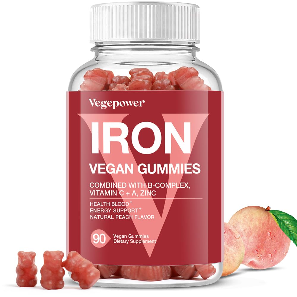 Συμπλήρωμα Vegan Iron Gummies - με βιταμίνη C, A, B-Complex, Folate, Ψευδάργυρος για ενήλικες & παιδιά - Υγεία Αίμα & Ενέργεια Υποστήριξη για την έλλειψη σιδήρου, αναιμία, Όχι Μετά τη γεύση - Ροδάκινο Γεύση (90 Ct)