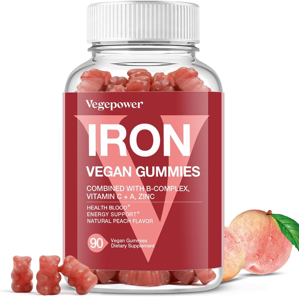 Συμπλήρωμα Vegan Iron Gummies - με βιταμίνη C, A, B-Complex, Folate, Ψευδάργυρος για ενήλικες & παιδιά - Υγεία Αίμα & Ενέργεια Υποστήριξη για την έλλειψη σιδήρου, αναιμία, Όχι Μετά τη γεύση - Ροδάκινο Γεύση (90 Ct)