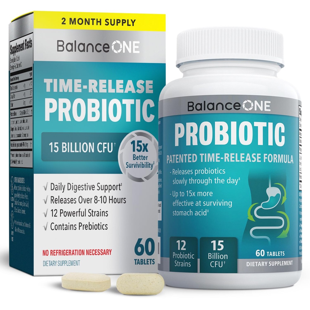 Ισορροπία ONE Probiotic για γυναίκες και άνδρες – Time-Release Tablets για 15x Επιβίωση – 12-Strain Formula με L. Plantarum & L. Acidophilus – Gut & Digestive Health Support – 60 Tablets