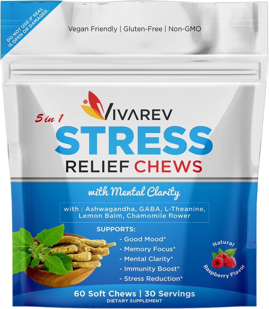 Stress Relief Ashwagandha Gummies - Formulated with Ashwagandha, GABA, L Theanine, Lemon Balm & Chamomile Flower as a Stress Relief and Focus Supplement- Natural Raspberry Flavor, Pack of 60