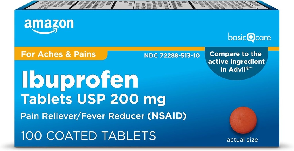   Basic Care Ibuprofen Tablets 200 mg, Pain Reliever/Fever Reducer, 100 Count (Packaging may vary)