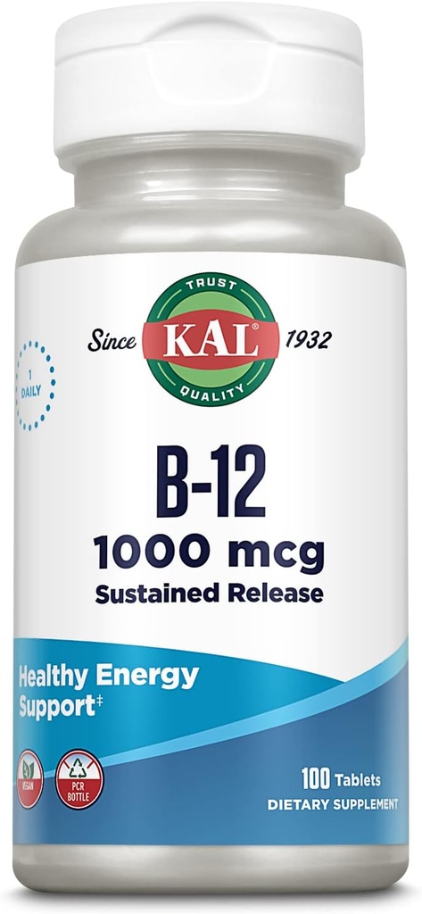 KAL Vitamin B12 1000mcg, Συμπλήρωμα παρατεταμένης αποδέσμευσης για υγιή ενέργεια, Μεταβολισμός, Υγεία της καρδιάς, Νεύρο και Κόκκινο αίμα Υποστήριξη, Φόρμουλα μακράς διάρκειας, Vegan, 100 Υπηρεσίες, 100 δισκία