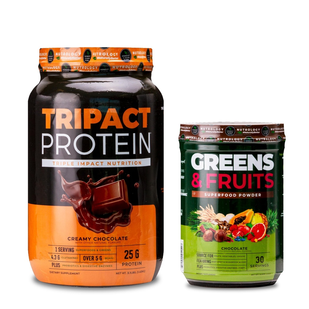 Nutrology TRIPACT Protein Powder, 7-in-1 Replacement Meal Shake, Κρέμα σοκολάτας (40 σέρβις) Πράσινα & Φρούτα Σκόνης-Φυσικά προέρχεται Superfood, Σοκολάτα (30 σέρβις)