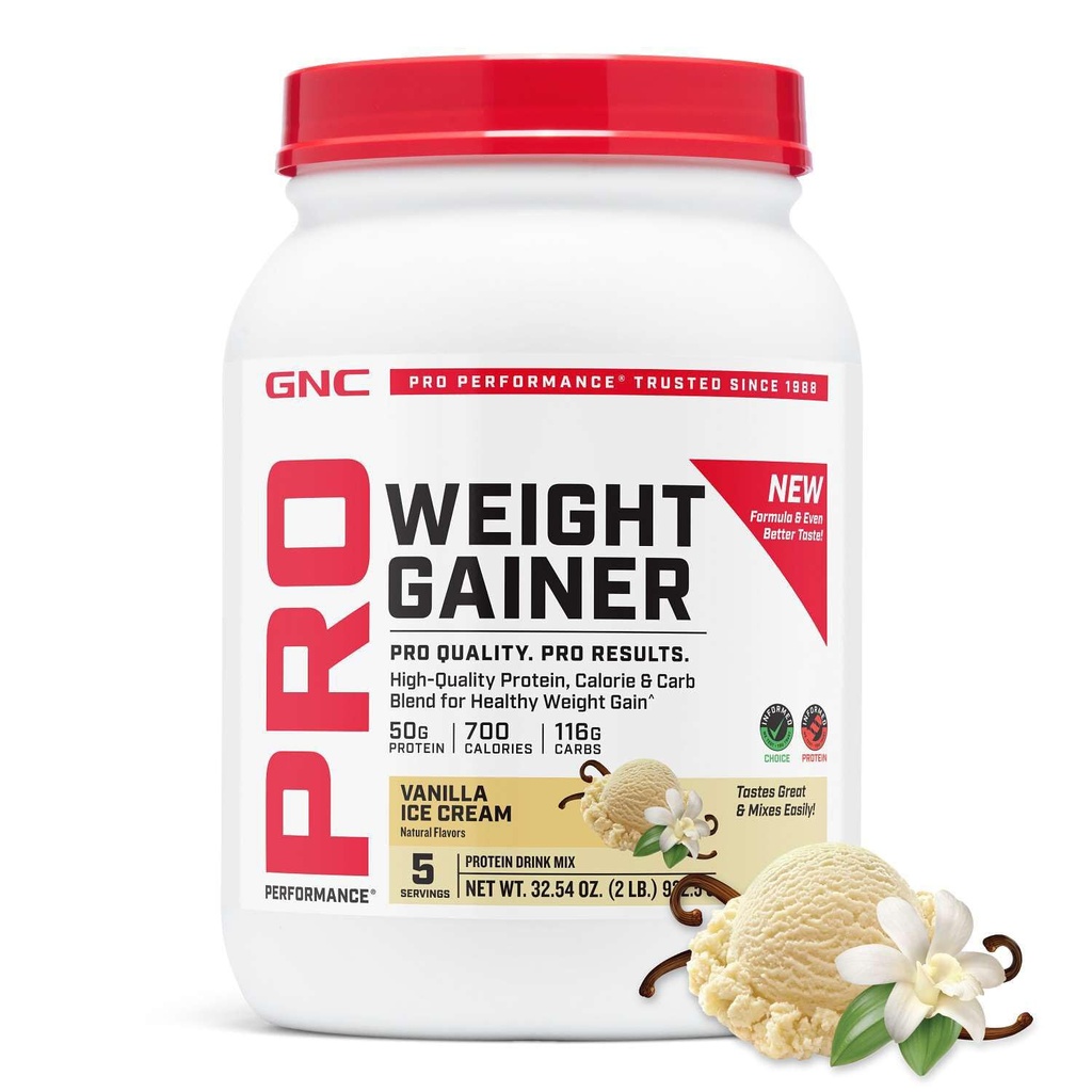 GNC Pro Performance Weight Gainer Protein Powder, 50g Πρωτεΐνη, Υψηλή θερμίδα, 700 θερμίδες, Υποστηρίζει τη μάζα και την αποκατάσταση των μυών, MCT, BCAA, 3ο μέρος δοκιμαστεί, παγωτό βανίλια, 6 εξυπηρετούν, 2,5 lbs