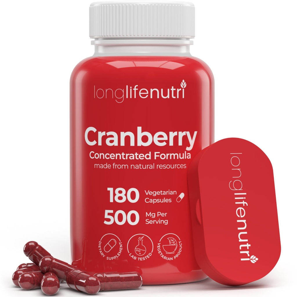 LongLifeNutri Cranberry Extract with Vitamin C & E - Pure Concentrated Formula, 500mg per Serving, 180 Vegetarian Capsules, Urinary Tract Health & Bladder, 6 Month Supply, Made in USA
