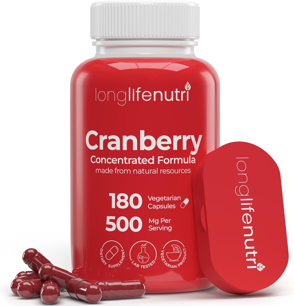 LongLifeNutri Cranberry Extract with Vitamin C & E - Pure Concentred Formula, 500mg per Serving, 180 κάψουλες χορτοφάγων, ούρα Φυλλαδική Υγεία & Φλογέρα, 6 Μήνες Προμήθεια, Made in USA