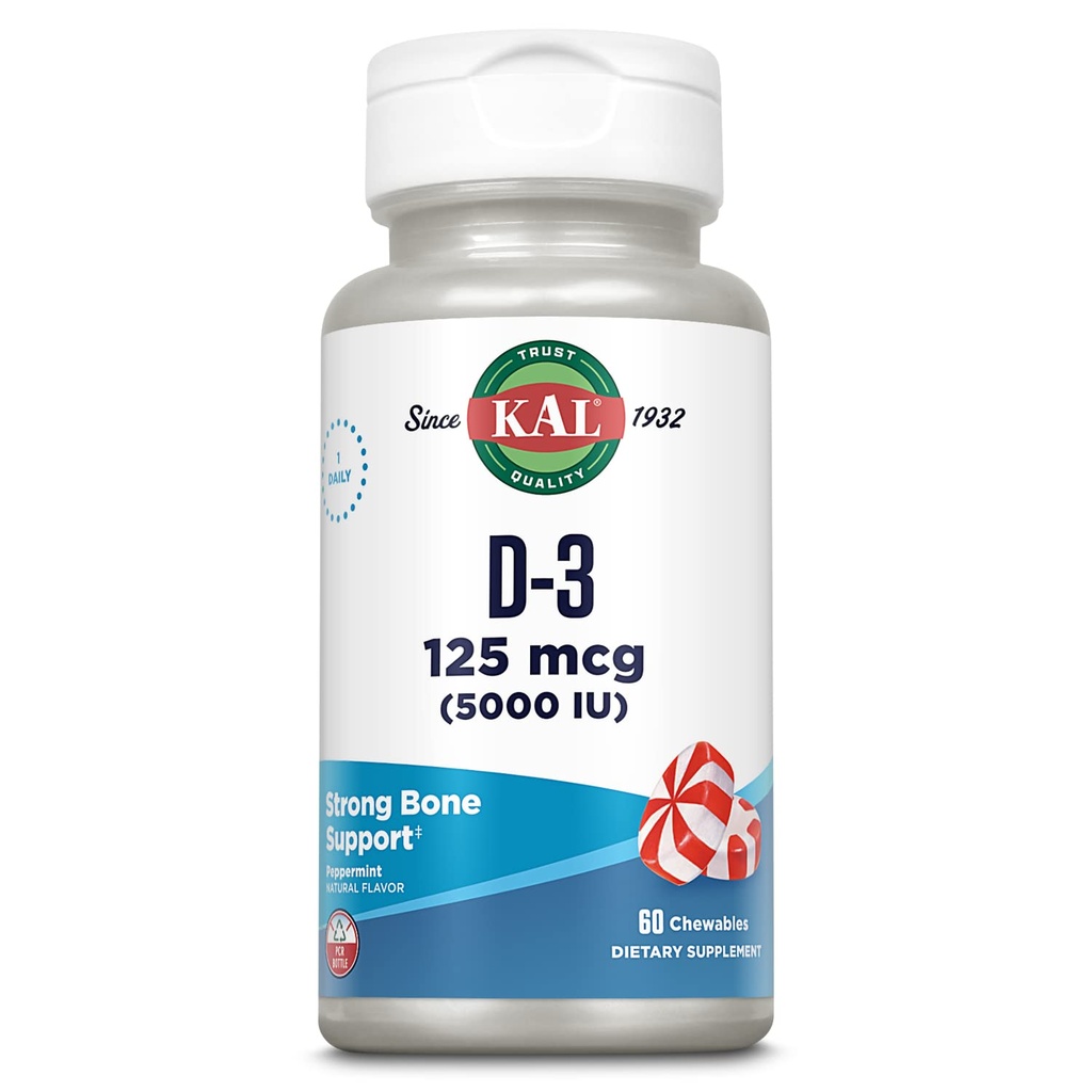 KAL Βιταμίνη D3 5000 IU 125 mcg, Υψηλής ισχύος Βιταμίνη D Μασώμενα, Απορρόφηση ασβεστίου, Υγεία των οστών και ανοσοποιητικό συμπλήρωμα υποστήριξης, Φυσικό άρωμα μέντας, 60 ημερών εγγύηση, 60 μερίδες, 60 μάσημα