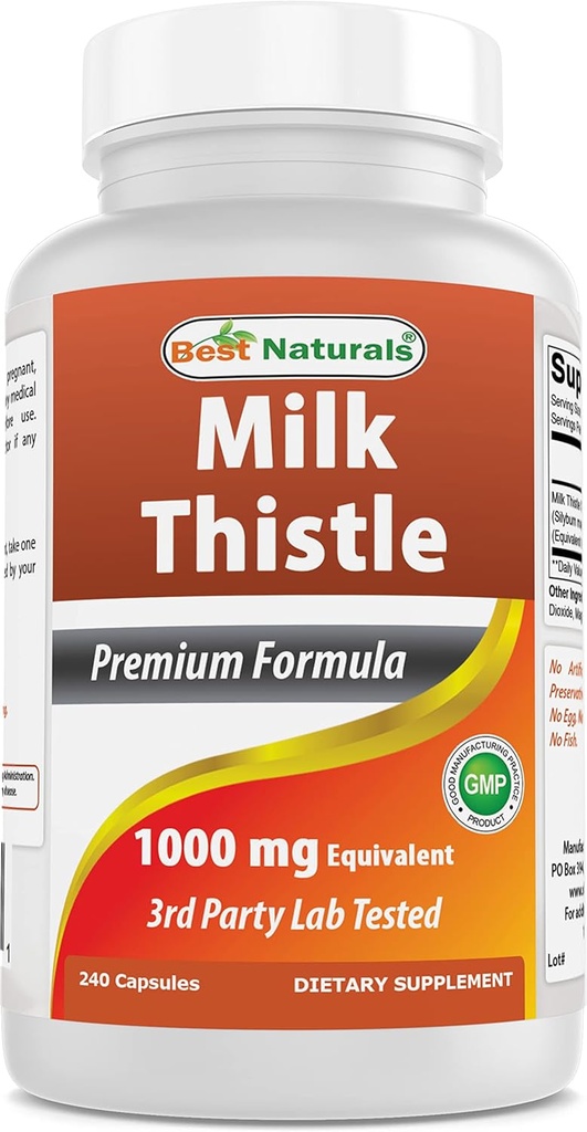 Best Naturals Milk Thistle Extract 1000mg Ισοδύναμο - 240 Κάψουλες - Χωρίς Γλουτένη και Χωρίς Γλουτένη (240 Count (Pack of 1))