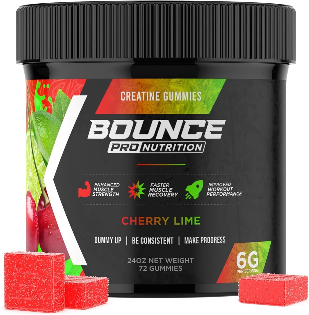 Bounce Pro Creatine Monohydrate Gummies for Men & Women, Low Calorie, 6G of Creatine per Serving, Vegan, Anti-Melting, Gluten-Free, Non-GMO, 2g of Creatine per Gummy (72ct, Cherry Lime)