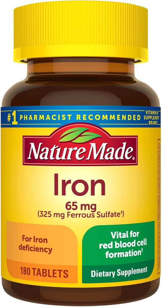 Nature Made Iron 65 mg (325 mg Ferrous Sulfate) Συμπλήρωμα διατροφής για την υποστήριξη των ερυθρών κυττάρων αίματος 180 δισκία (πακέτο των 1);