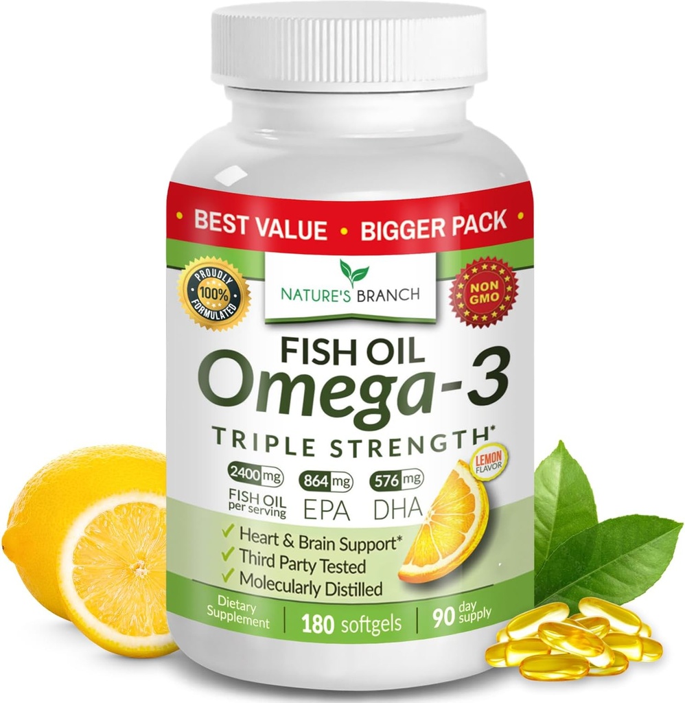 Best Triple Strength Omega 3 Fish Oil Χάπια - 180 κάψουλες - 2400mg Υψηλή ισχύς Burpless Lemon Flavor 864mg EPA 576mg DHA Ultra Pure Liquid Softgels for Brain Joints Eyes Heart Health Supplement