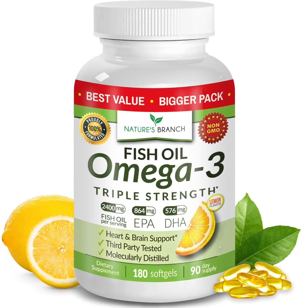 Best Triple Strength Omega 3 Fish Oil Χάπια - 180 κάψουλες - 2400mg Υψηλή ισχύς Burpless Lemon Flavor 864mg EPA 576mg DHA Ultra Pure Liquid Softgels for Brain Joints Eyes Heart Health Supplement