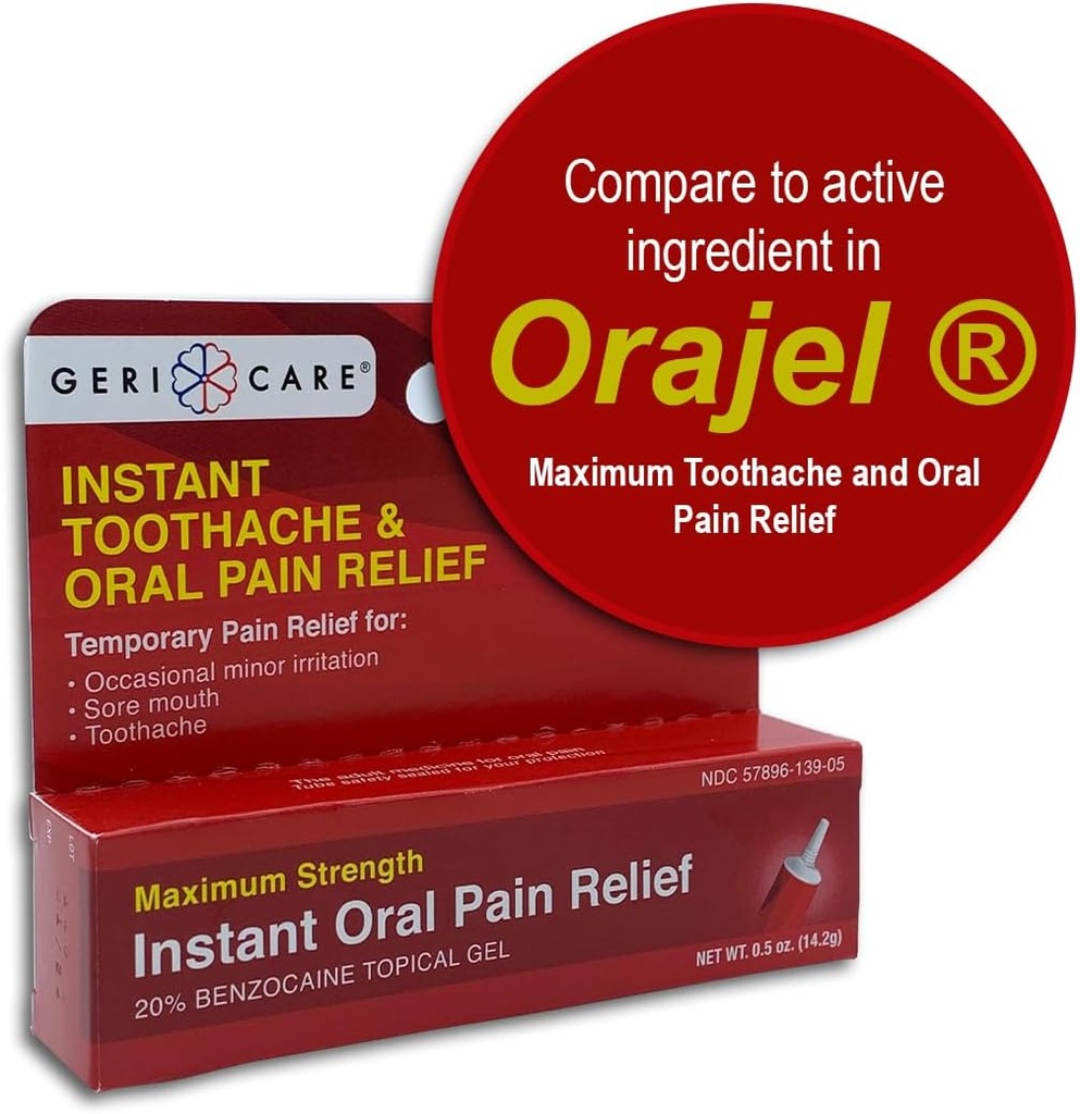 GeriCare Benzocaine 20% Maximum Strength Toothache & Oral Instant Pain Relief Gel 0.5 oz. Fast-Acting Numbing Pain Treatment for Toothaches, Gum Irritation, Sensitivity & Mouth Sores, (Pack of 1)