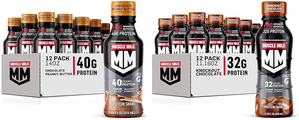 Muscle Milk Pro Series Chocolate Peanut Butter Protein Shake 40g Protein Pack of 12 & Pro Advanced Nutrition Knockout Chocolate Protein Shake 32g Protein Pack of 12