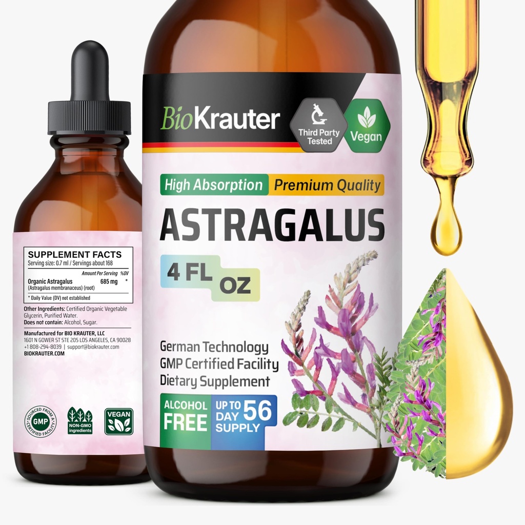 BIO KRAUTER Astragalus Tincture - Astragalus Root Extract for Immune Support - Αλκοόλ και Ζάχαρη Χωρίς - Υψηλή απορρόφηση - Vegan Drops 4 Fl.Oz.
