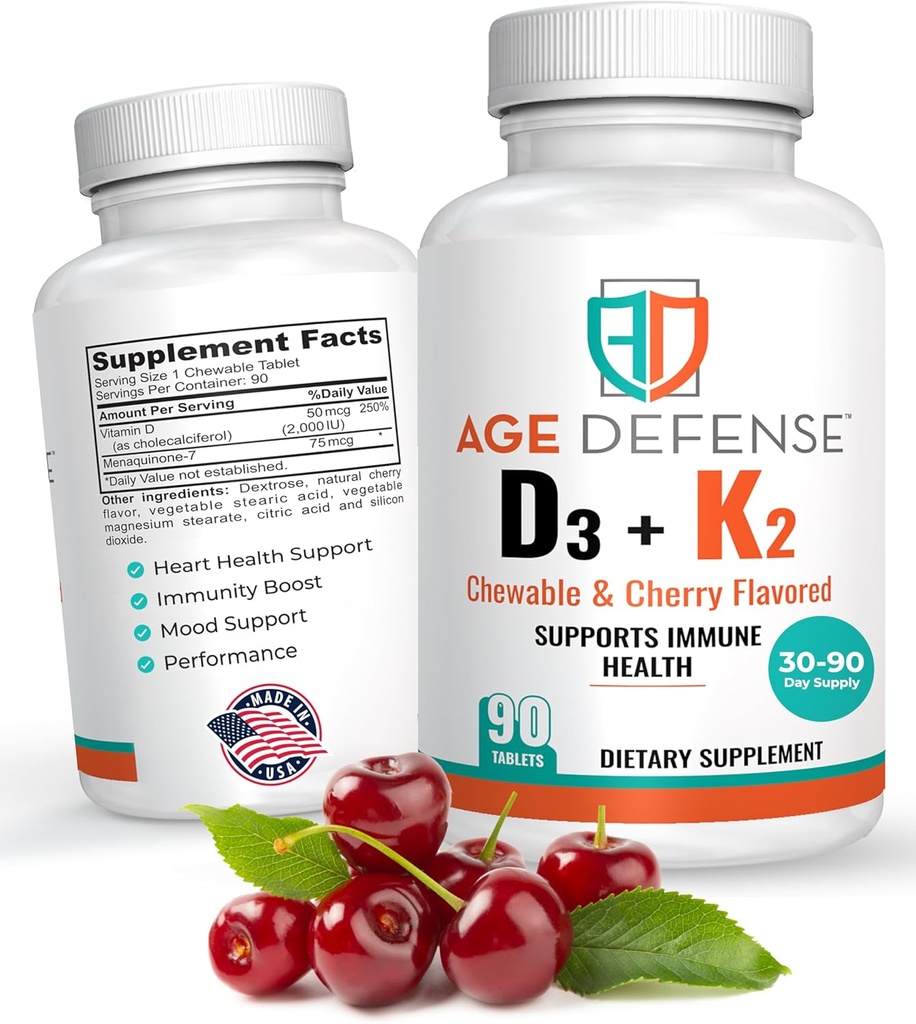 Βιταμίνη D3 2000 IU με K2- 90 Μασώμενα δισκία με Cherry Flavoring-Φυσική ενέργεια Booster-Supports Ζωτικότητα, Ανοσολογική Υγεία, & Συνολική ευεξία-βιταμίνη D3 με βιταμίνη K2 για άνδρες και γυναίκες