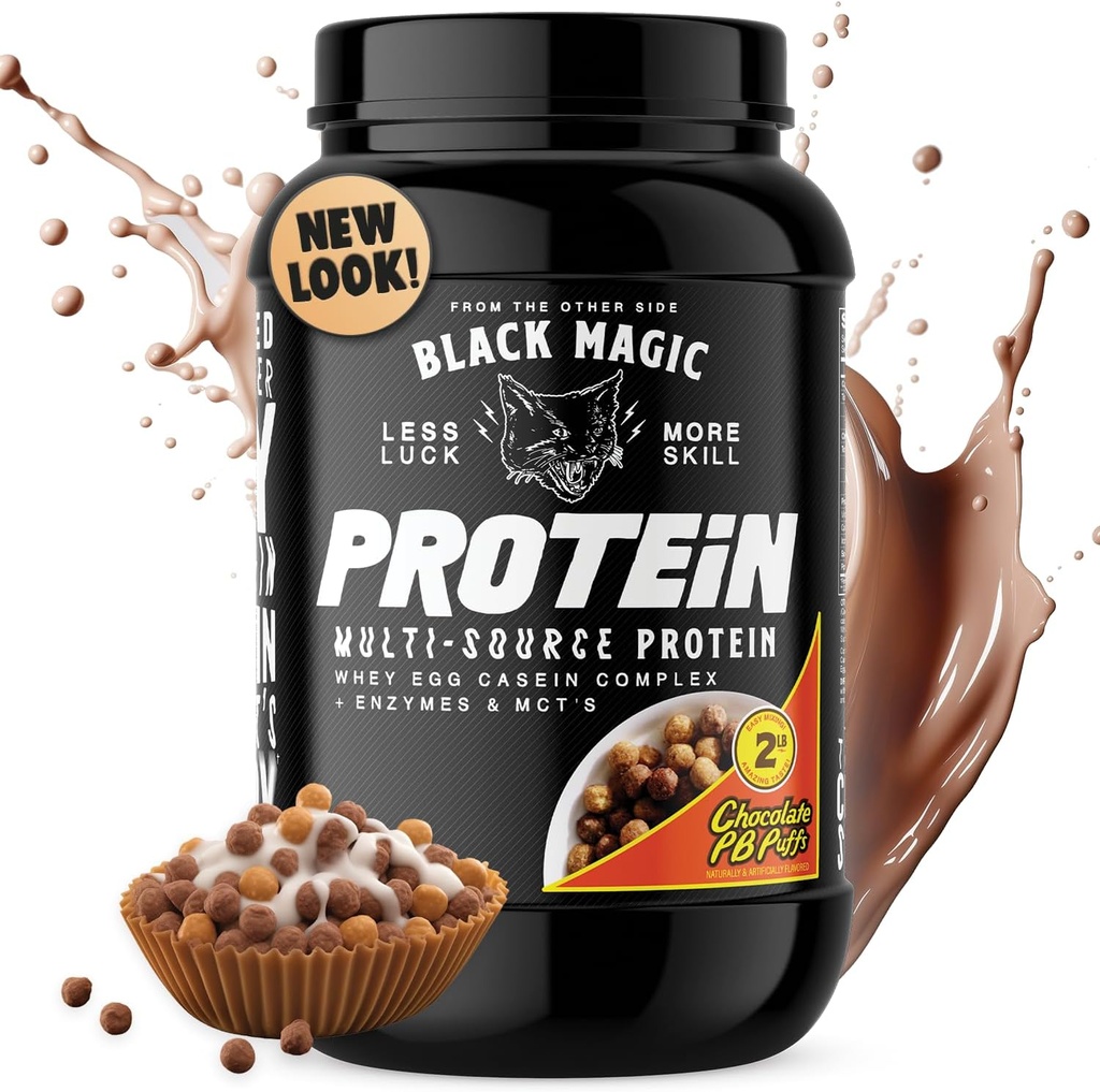 Black Magic Protein Powder - Whey, Egg, and Casein Complex with Enzymes & MCT Powder - Προ προπόνηση και post προπόνηση - Νέα εμφάνιση- διάσημη σοκολάτα φυστικοβούτυρο Puffs - 24g πρωτεΐνη - 2 LB
