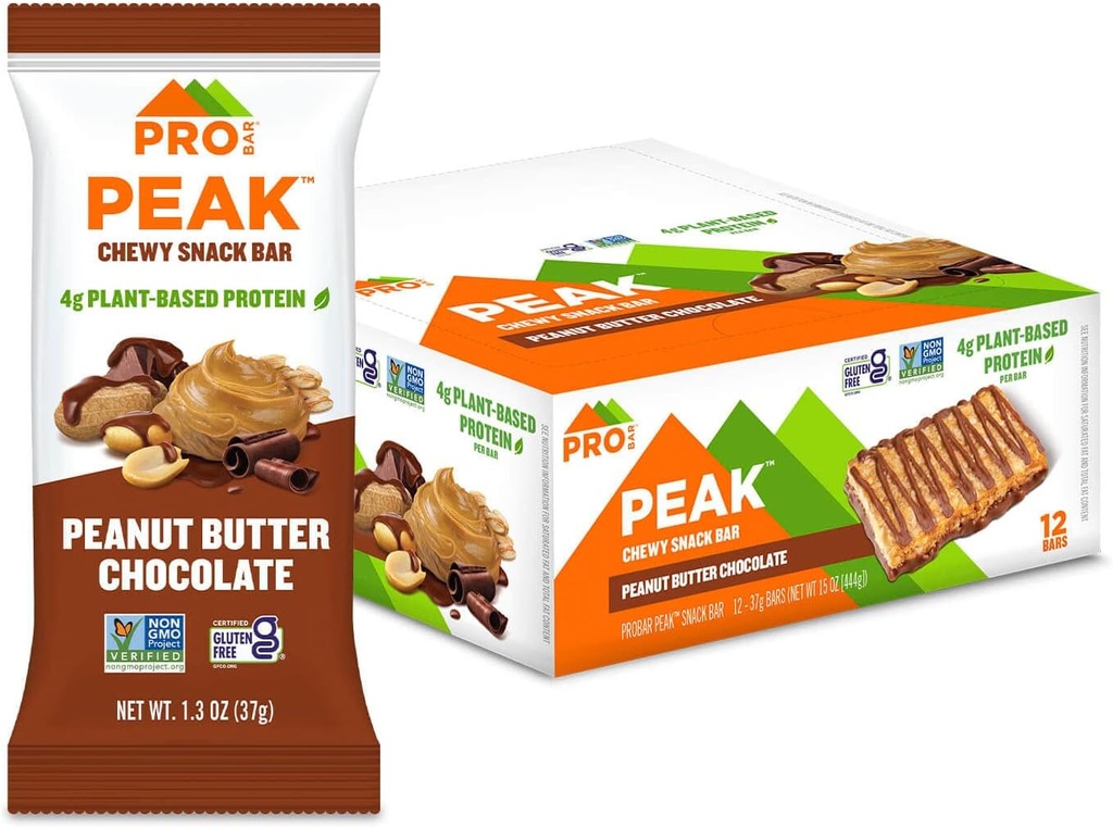 PROBAR - Peak Bar, Μπαρ σοκολάτας φυστικοβούτυρο, 4g πρωτεΐνης, μη ΓΤΟ, χωρίς γλουτένη (πακέτο των 12)