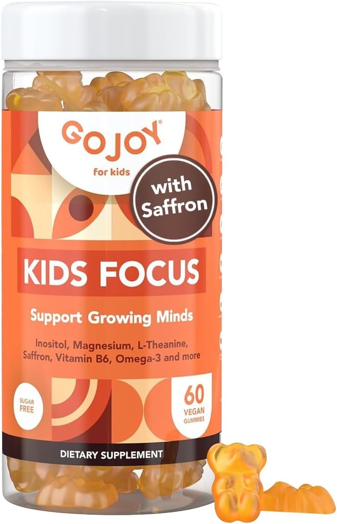 Παιδιά Focus Gummies - 7-σε-1 Συμπλήρωμα εστίασης & προσοχής για τα παιδιά & εφήβους w/Saffron Extract, Μαγνήσιο Γλυκινικό, L-Θεανίνη, Ινοσιτόλη & More - Vegan, Γλουτένη & Ζάχαρη-ελεύθερο, Μη ΓΤΟ