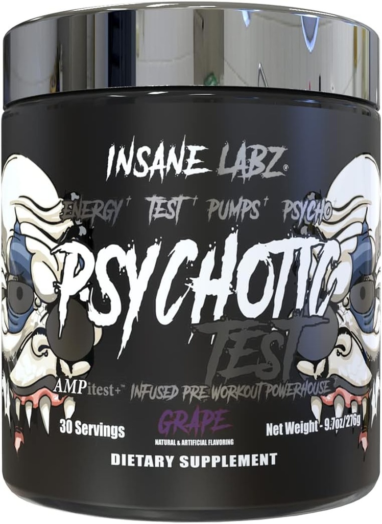 Insane Labz Psychotic Test, High Stim Testosterone Energy and Pump Boosting Pre-Workout Powder with DMAE Bitartrate, D Aspartic Acid, Creatine HCL and Glycerol Monostearate, 30 Servings, Grape