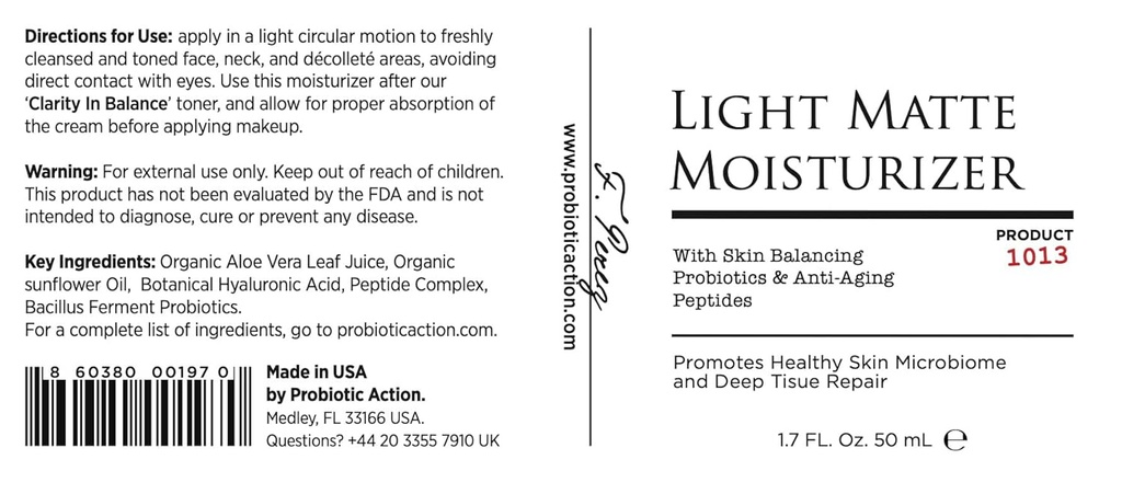 Probiotic Action® Light Matte Moisturizer - Probiotic βοηθήσει στην πρόληψη Acne, Rosacea, και Eczema. Το Προβιοτικό και το Πεπτίδιο Διατηρεί τη λάμψη, την απαλότητα και τη σφίξιμο του διαυγούς δέρματος.