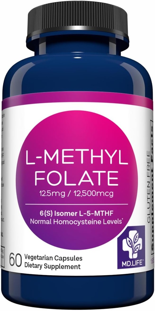 MD Life L- Methylfolate 12, 5 mg συμπλήρωμα - Επαγγελματικό- Γραδο- Ενεργό συμπλήρωμα L Μεθυλοφολικό - 60 κάψουλες - L- Methylfolate 12, 5mg - Μέγιστη ισχύς MTHFR W/ Essential Amino Acids