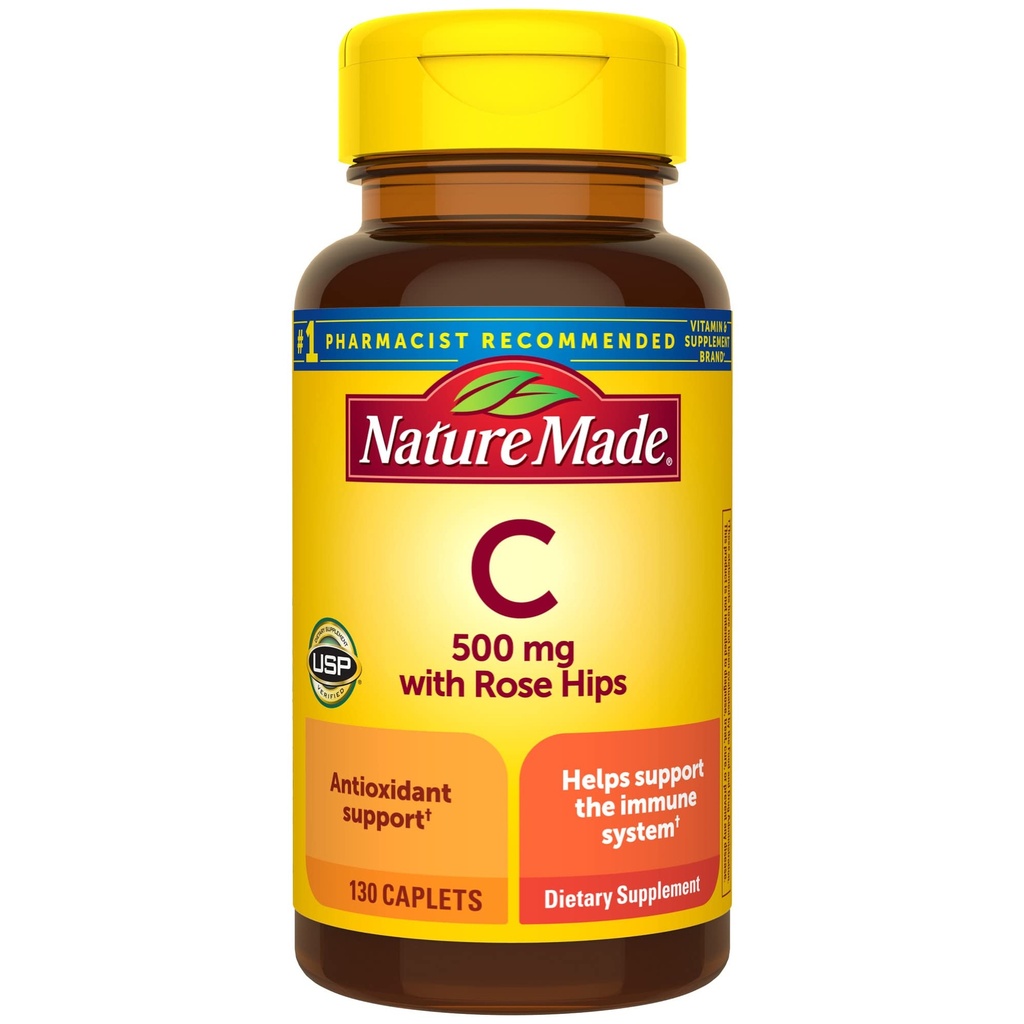 Nature Made Vitamin C 500 mg with Rose Hips, Συμπλήρωμα διατροφής για ανοσοποιητική υποστήριξη, 130 Caplets, 130 Day Supply