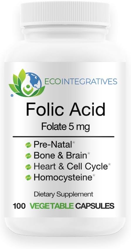 Φολικό οξύ Folate 5mg (B9) Προγεννητική, Αναπαραγωγική Υγεία, Ομοκυστεΐνη, Μεταβολισμός, Καρδιαγγειακή, Οστική, Ανοσολογική Υποστήριξη, αλλεργιογόνο Χωρίς, Μη ΓΤΟ - 100 Vegan Κάψουλες