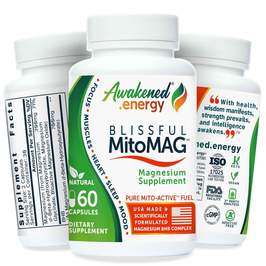 Blissful MitoMag – 300mg Elemental Magnesium Complex: Mg Glycinate, Mg BHB - Μύες ύπνου Mood Ενέργεια Γνωστική Εστίαση Ηρεμία – Όλα φυσικά, ΗΠΑ Κατασκευάζονται, Δεν Πρόσθετα – 60 Vegan Κάψουλες Συμπλήρωμα