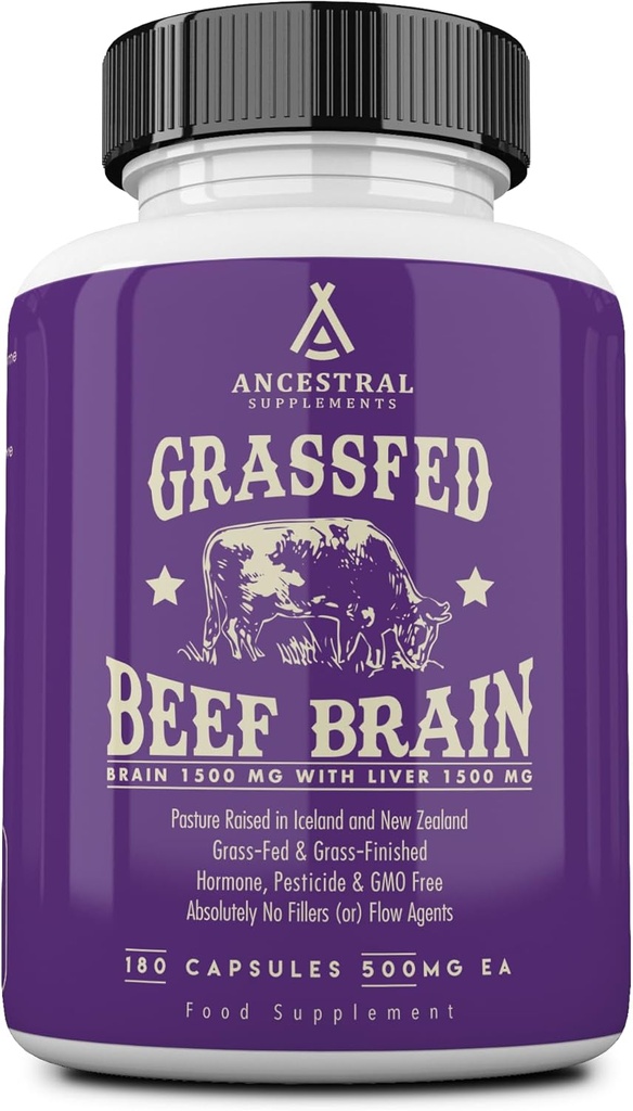 Προγονικά Συμπληρώματα Grass Fed Beef Brain συμπλήρωμα με το συκώτι βοείου κρέατος, ολόκληρη την υποστήριξη του εγκεφάλου τροφίμων προωθεί τον εγκέφαλο, Mood, και τη μνήμη Υγεία, τον εγκέφαλο και το συκώτι Υγείας κάψουλες, μη ΓΤΟ, 180 κάψουλες