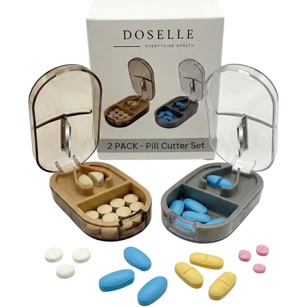2PCS - Κοπτικό χάπι Splitter με Mini Pill Box – Κόφτες Χάπια για μικρά ή μεγάλα χάπια Professional – 4 Χάπια Splitter 1/4 - Χάπια Splitter με συσκευή centering – Gray & Brown