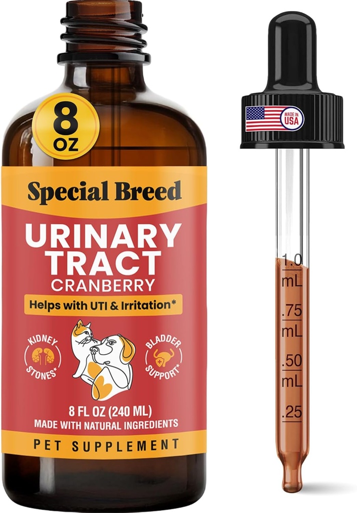 8 Ounce Urinary Tract Infection Treatment for Cats and Dogs - Graduated Dropper (1/4 ML increments up to 1 ML) Cranberry UTI Supplement, Kidney and Bladder Support, 8 oz