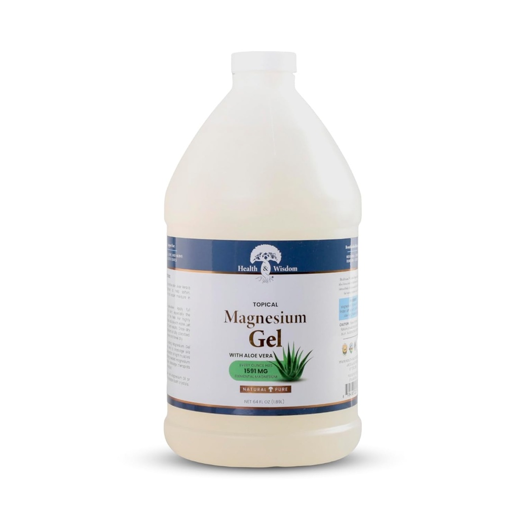Health and Wisdom Pure Magnesium Gel with Seaweed Extract and Aloe Vera - Επίκαιρο Μυϊκό & Κοινό Ανακουφιστικό - Φυσικό και Καθαρό Δέρμα & Scalp Ενυδατικό - Ενισχυμένη Απορρόφηση - 64 FL oz