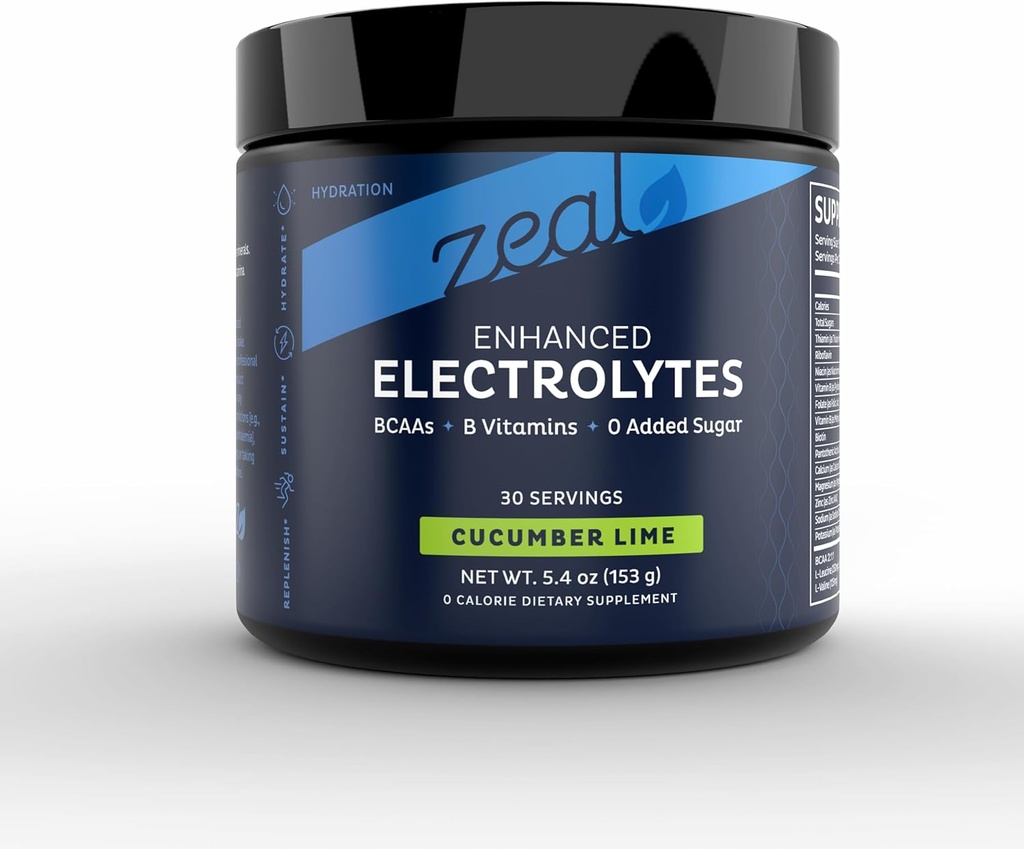Zeal Electrolyte Powder Recovery Drink (30 Servings |Cucumber Lime) w 0 Sugar +BCAAs +B-Vitamins Electrolyte Supplement w Potassium Zinc & Magnesium