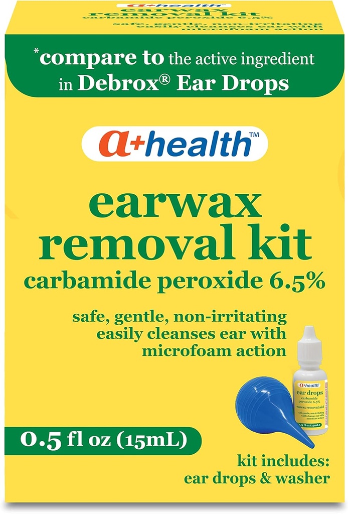 A+Health Earwax Κιτ αφαίρεσης, Carbamide Peroxide 6,5%, Κατασκευασμένο στις ΗΠΑ, σταγόνες και βολβοί αυτιού Σύριγγες, 0.5 Ουγγιά