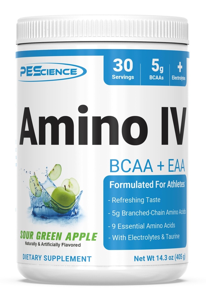 PEScience Amino IV BCAA & EAA Powder, Essential Amino Acids, Taurine, Ηλεκτρολύτες για την ενυδάτωση και την αποκατάσταση των μυών, Ζάχαρη Δωρεάν για άνδρες & γυναίκες, Post Workout - Sour Green Apple - 30 Υπηρεσίες