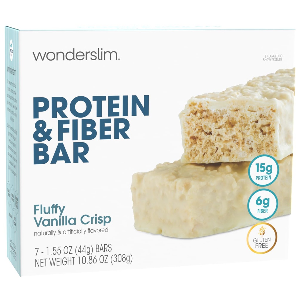 Wonderslim High Fiber Protein Bars, Fluffy Vanilla Crisp | 15g Protein, 6g Fiber | Low Sugar, Low Carb | Healthy Indulgence | Satisfying, Supports Energy & On-the-Go Convenience, 7 Pack