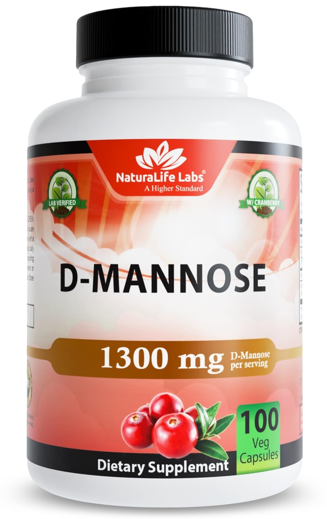 NaturaLife Labs Βιολογικά D- Mannose 1300 mg με Βιολογικό εκχύλισμα βατόμουρου 100 mg ανά Σερβίρισμα – 100 κάψουλες – Μη ΓΤΟ, Χωρίς γλουτένη, Vegan