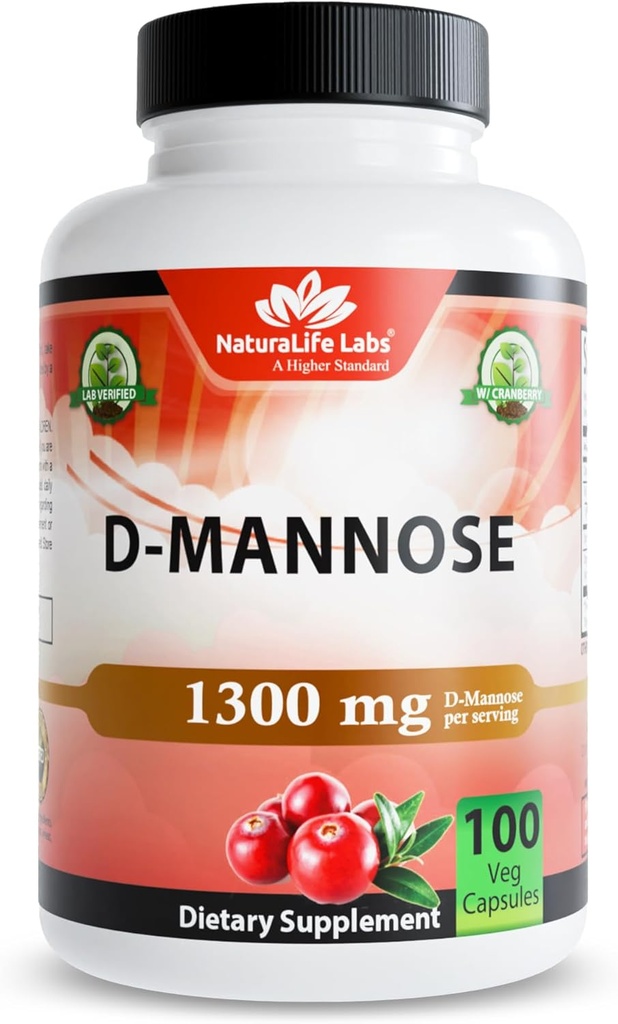 NaturaLife Labs Βιολογικά D- Mannose 1300 mg με Βιολογικό εκχύλισμα βατόμουρου 100 mg ανά Σερβίρισμα – 100 κάψουλες – Μη ΓΤΟ, Χωρίς γλουτένη, Vegan