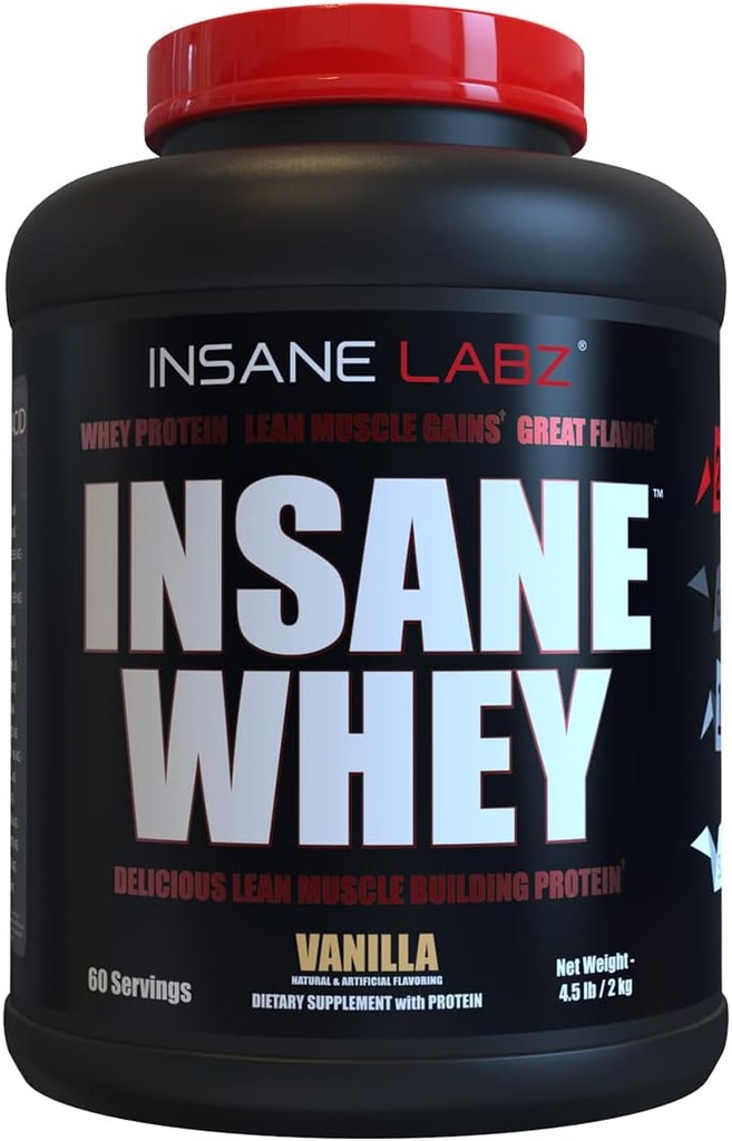 Insane Labz Insane Whey,100% Πρωτεΐνη Ορός Ορού Μυός, Post Workout, BCAA Amino Προφίλ, Μαζική Αποζημίωση, Αντικατάσταση γεύματος, 5lbs, 60 Srvgs, (Vanilla)