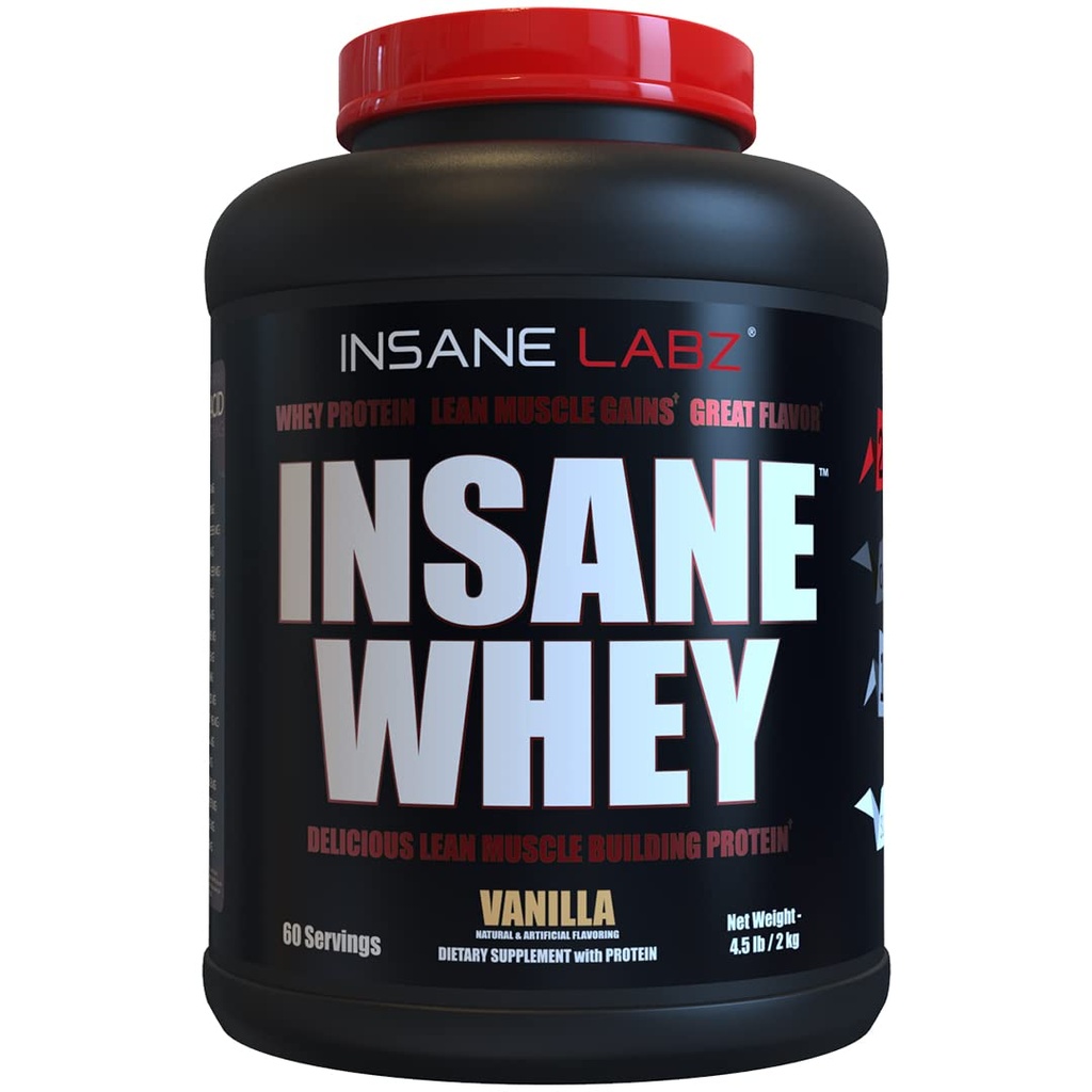 Insane Labz Insane Whey,100% Πρωτεΐνη Ορός Ορού Μυός, Post Workout, BCAA Amino Προφίλ, Μαζική Αποζημίωση, Αντικατάσταση γεύματος, 5lbs, 60 Srvgs, (Vanilla)