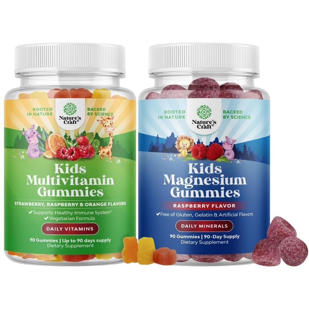 Πακέτο Παίδων Πολυβιταμίνες Gummies για Ανοσία Υποστήριξη με Βιταμίνες A C D3 E B και Ψευδάργυρος και Παιδιά Μαγνήσιο Gummies - Ηρεμία Χαλαρώνοντας Mag Citrate με Βατόμουρο Γεύση για Νεύρο & Καρδιά Υγεία