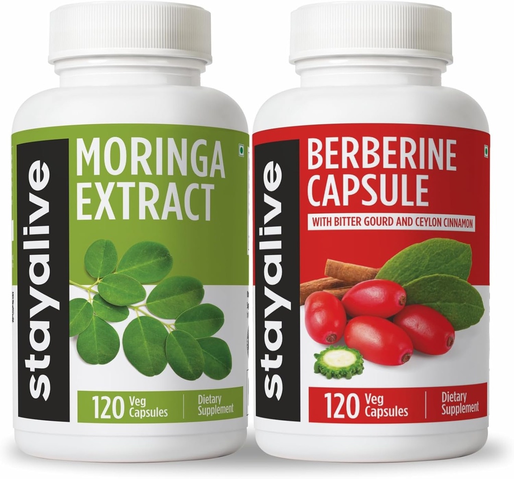 STAY ALIVE Moringa και Berberine Bundle με Ceylon Cinnamon και Bitter Gourd Extract, 240 Vegan Pills, Non-GMO & Gluten Free Berberine HCL Συμπλήρωμα