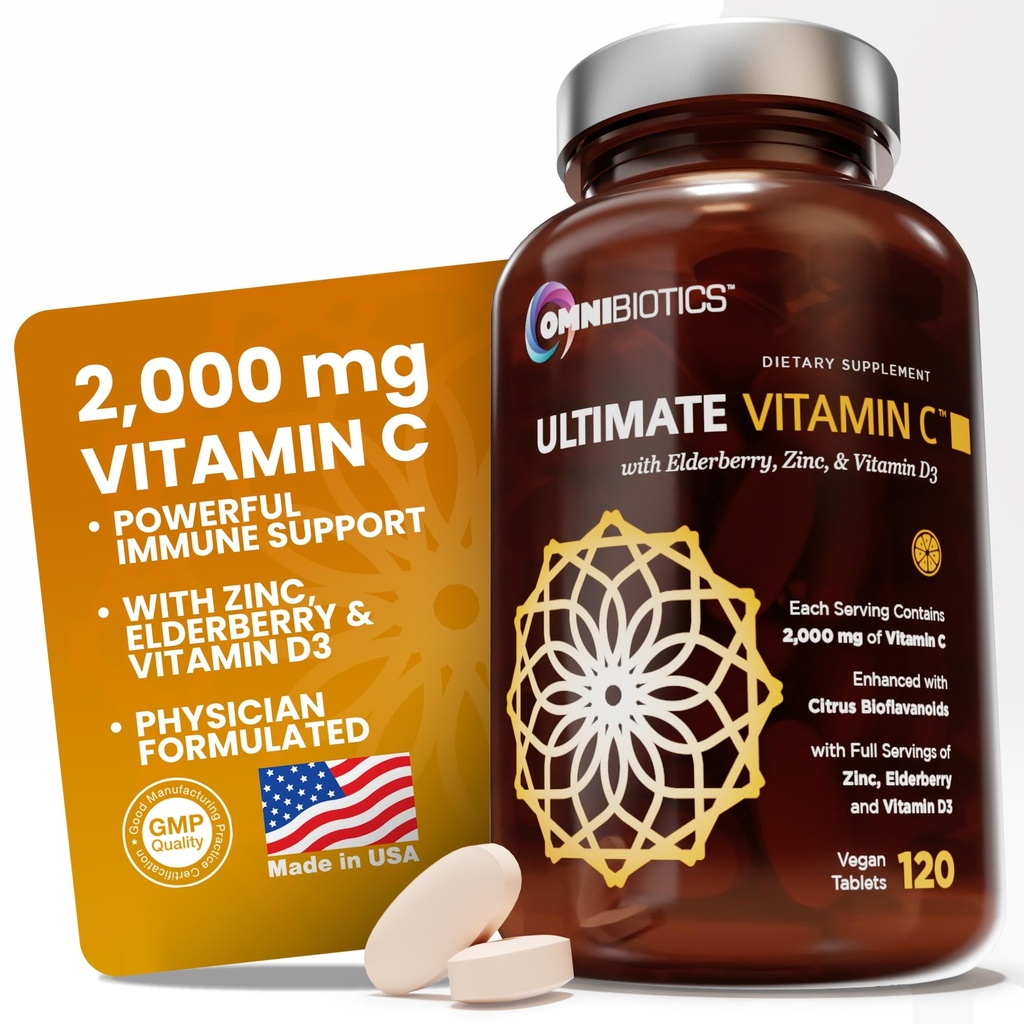 OmniBiotics Ultimate Vitamin C Supplement 2000mg – με ψευδάργυρο, εκχύλισμα Elderberry, και D3 – Υψηλής Ικανότητας Ανοσολογική Υποστήριξη & Αναμνηστική Κολλαγόνο – 120 Vegan Tablets