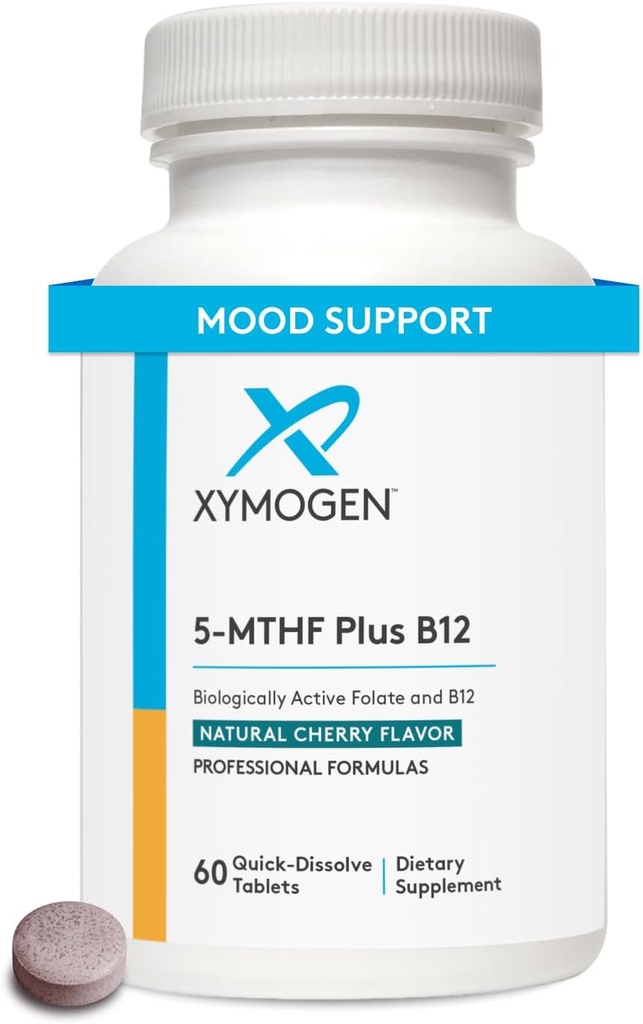 XYMOGEN 5- MTHF Plus B12 - Βιολογικά ενεργό φολικό άλας + μεθύλιο B12 (μεθυλοκοβαλαμίνη) για την υποστήριξη της μεθυλίωσης και της υγείας του νευρικού συστήματος - Great- Tasting Cherry Flavor (60 Quick- Dissolve Tablets)
