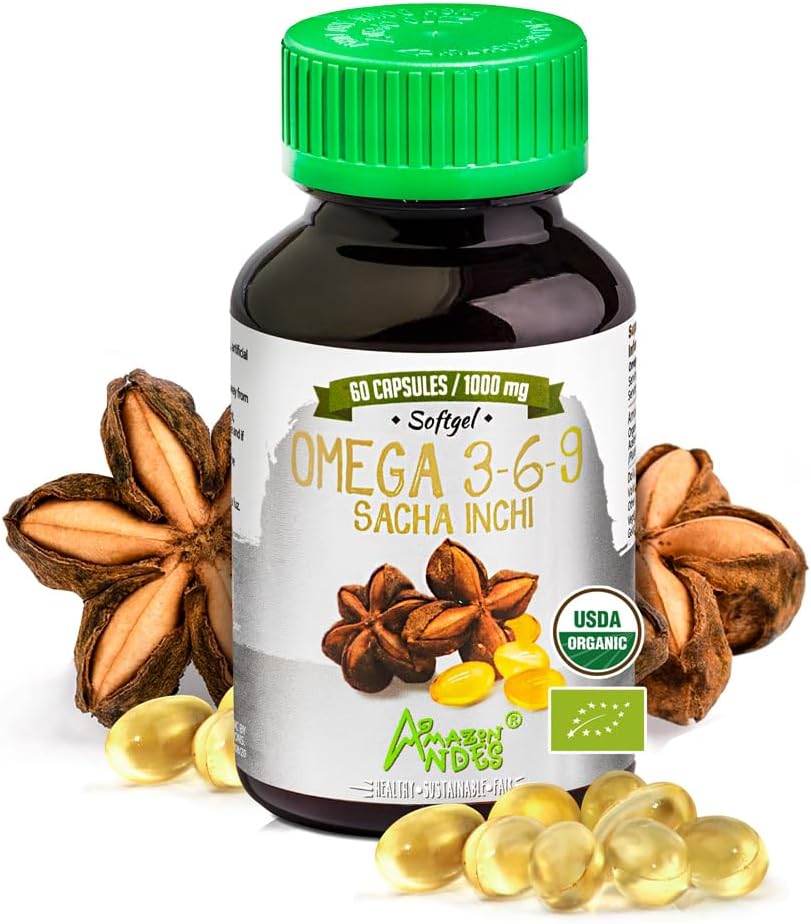 Andes Sacha Inchi Κάψουλες (Plukenetia volubilis) - Πηγή Ωμέγα 3, 6, 9 με Απαραίτητα Λιπαρά Οξέα - Αδιάβροχα & Αειφόρα που προέρχονται - Υποστήριξη λειτουργίας εγκεφάλου - 60 χάπια Softgel (1000mg)